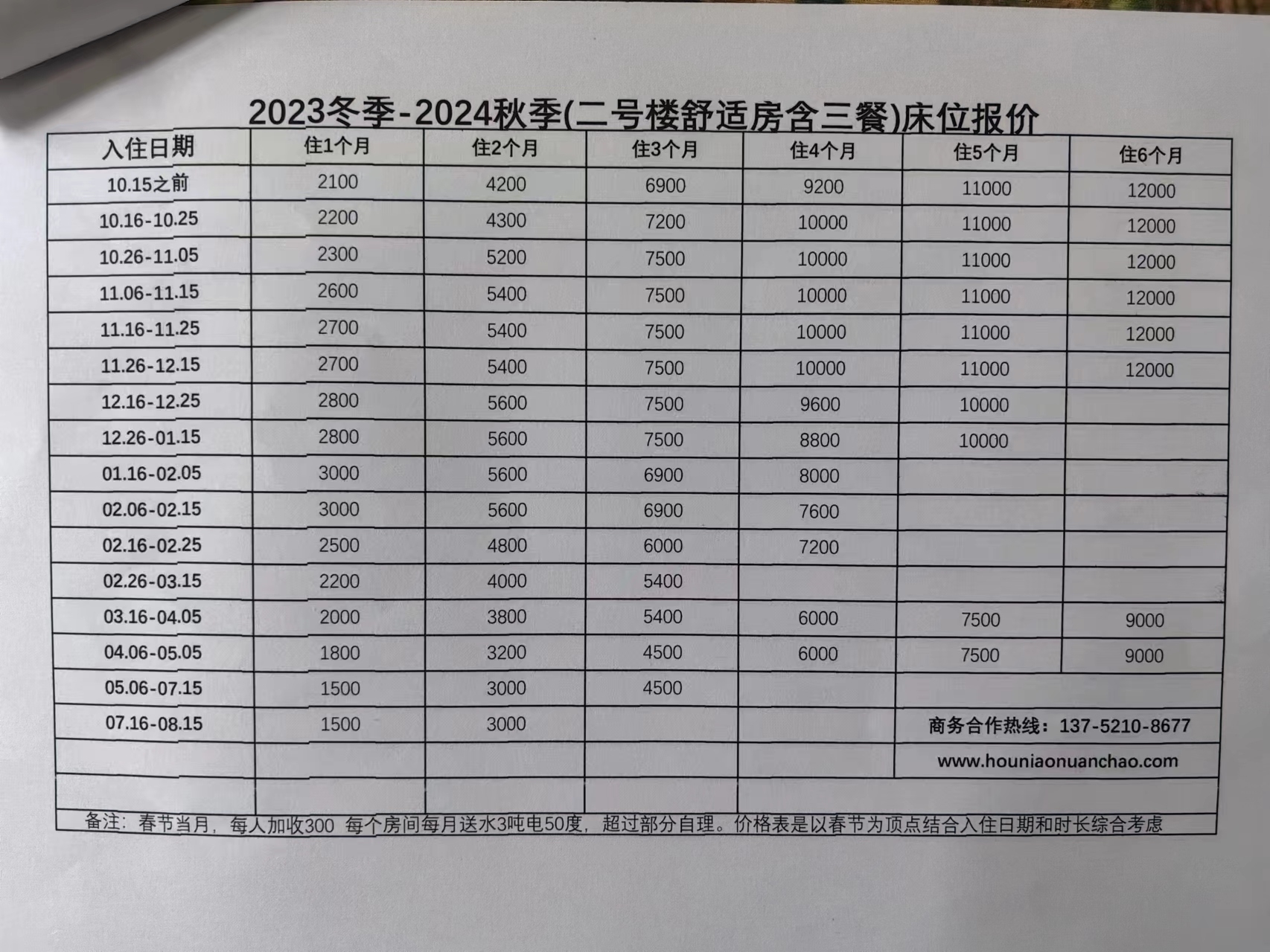 2023冬-2024秋平价公寓（2号楼）舒适房价格