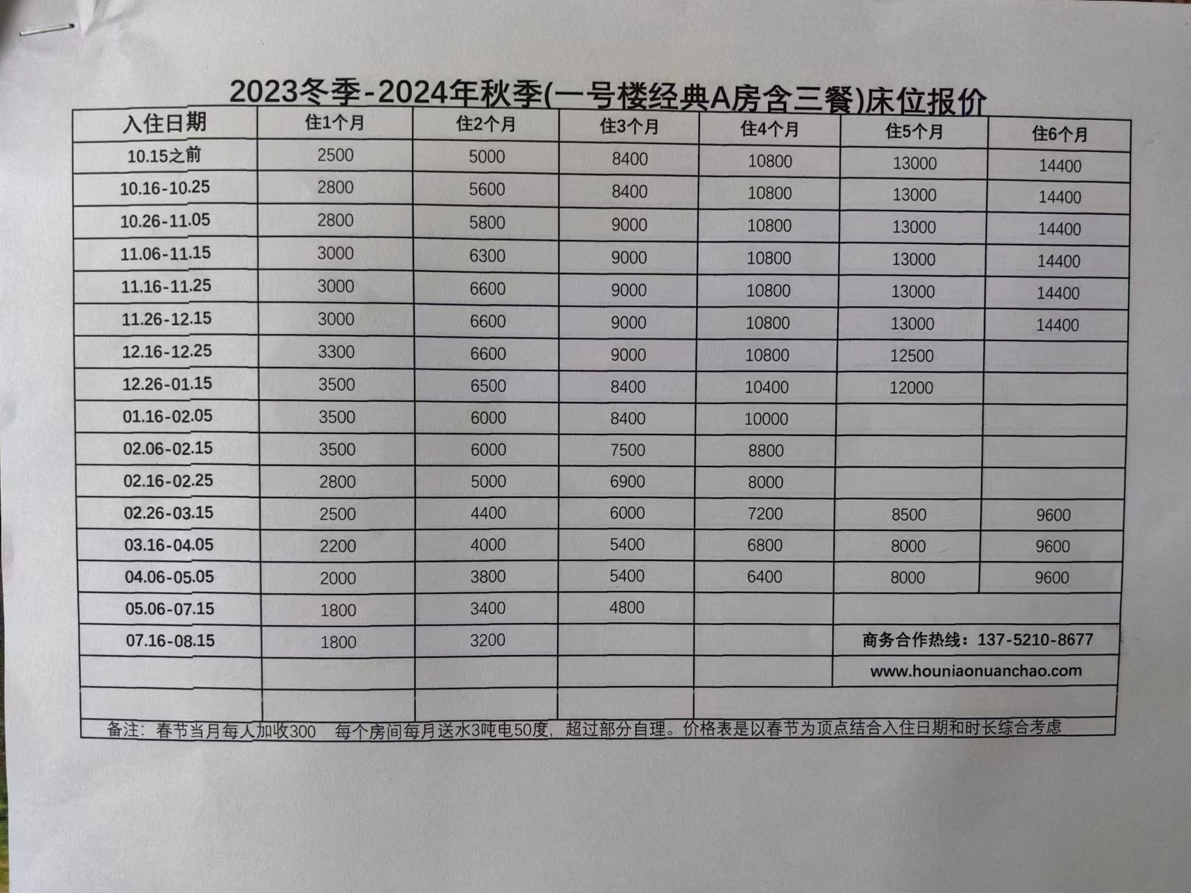 2023冬季-2024秋季（一号楼经典A房含三餐）床位价格