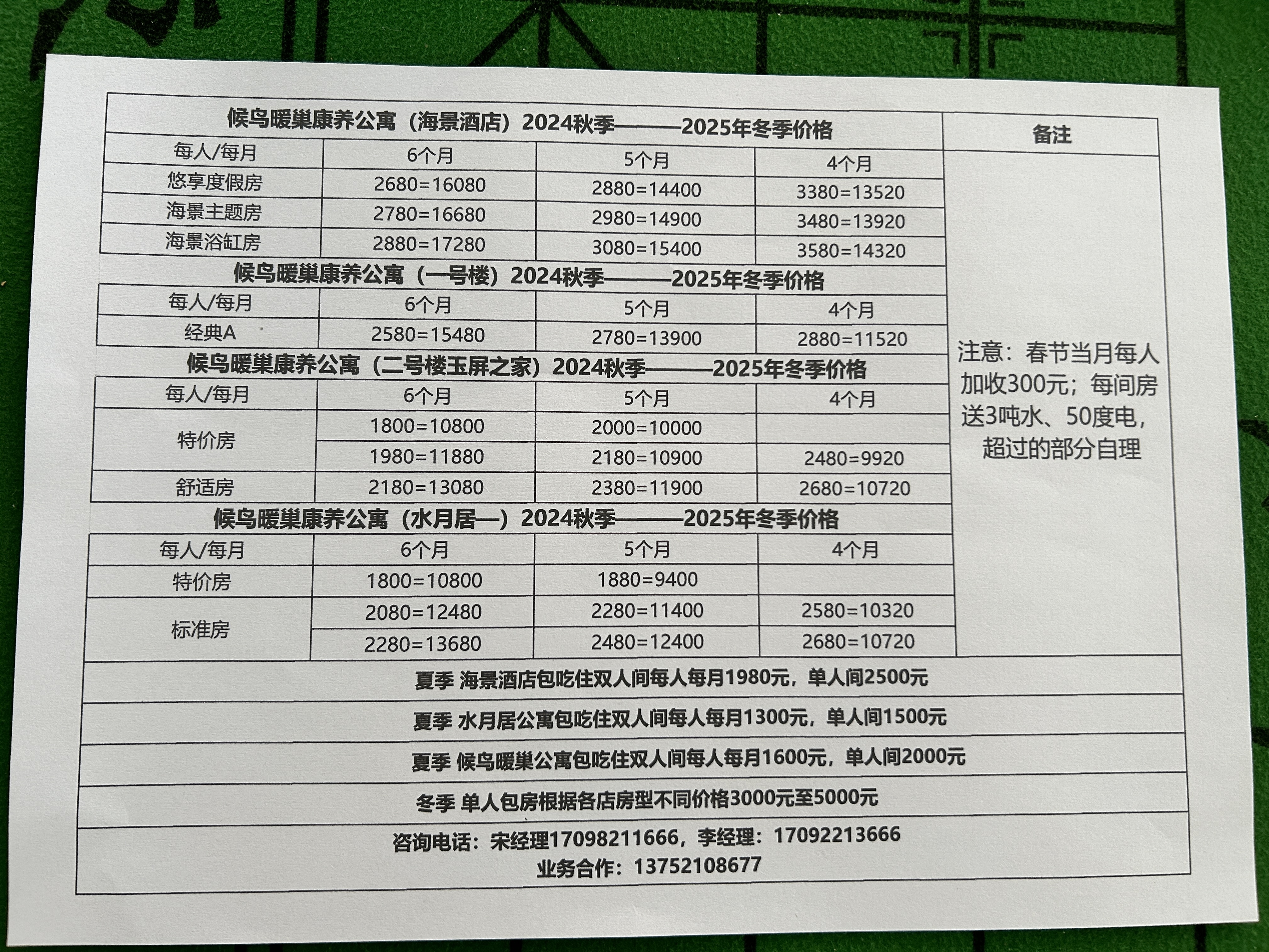 2024冬-2025春海景酒店悠享度假房价格（包吃）