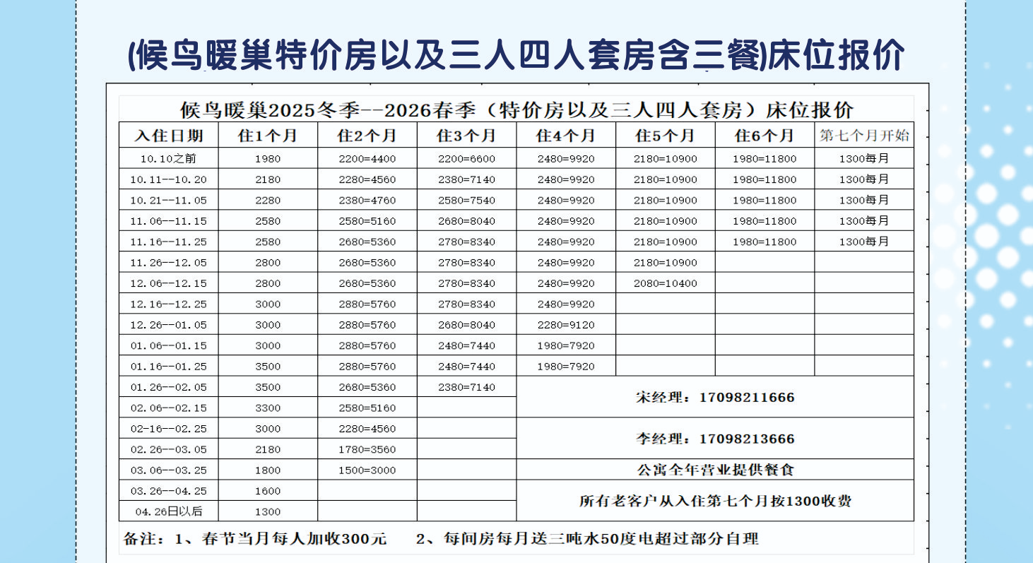 2025冬季-2026春季（一号楼候鸟暖巢特价房含三餐）床位价格